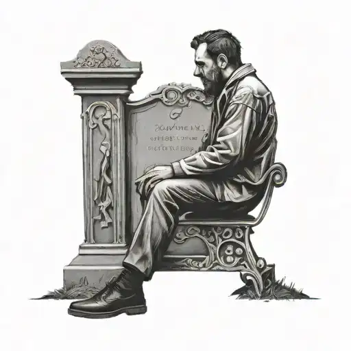 man sitting on a chair across a graveyard looking at a tombstone tattoo design idea
