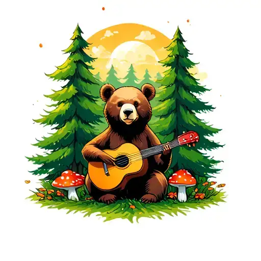 A female bear surrounded by green trees and amanita mushrooms with bluegrass instruments  tattoo design idea