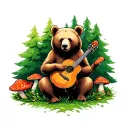 A female bear surrounded by green trees and amanita mushrooms with bluegrass instruments  tattoo design idea