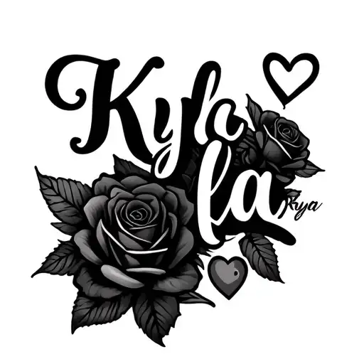 Create an artistic tattoo of the name "Kyla" with roses and hearts tattoo design idea