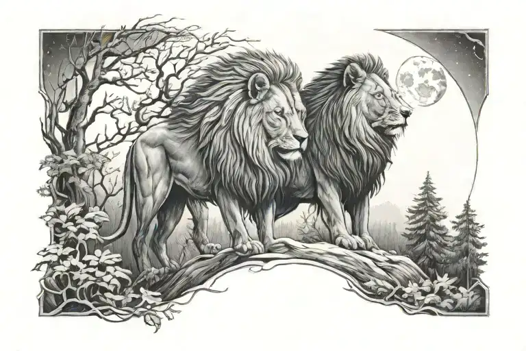 lion and wolf facing moody forest pathway to moon tattoo design idea