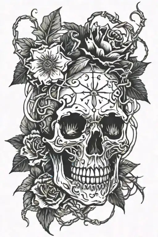 skull and flowers and barbed wire and Spider crawling  tattoo design idea