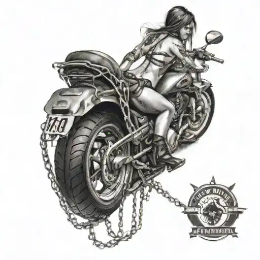 sexy girl wrapped in chains on a motorcycle  tattoo design idea