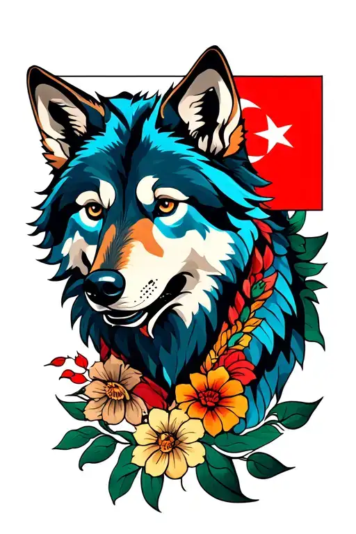 colorful loyal wolf and turkish flag tattoo design idea