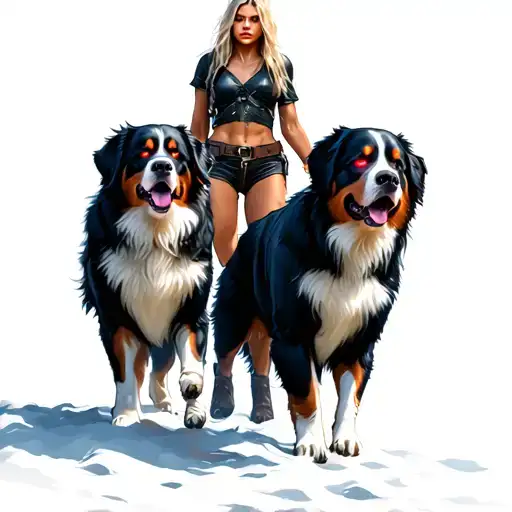 Dark Fantasy style - 2 mystic bernese mountain dogs with glowing red eyes, being walked by a female blonde assasin tattoo design idea