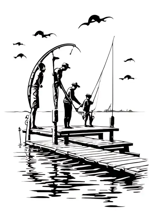 dad and sons fishing on dock tattoo design idea