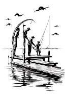 dad and sons fishing on dock tattoo design idea