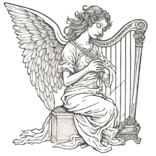 A tattoo of an angel playing a harp, with a quote from a famous philosopher incorporated into the design tattoo design idea