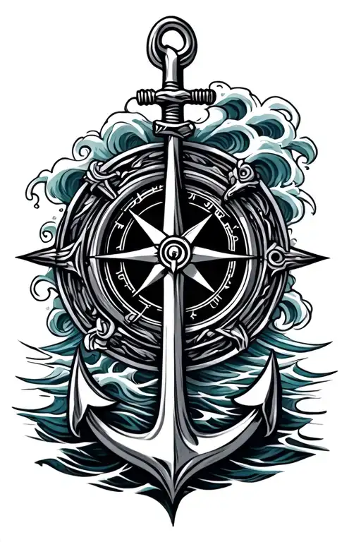 trident with compass surrounded by waves and an anchor tattoo design idea