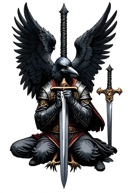 CROW ON A SWORD AND OPEN WINGS, A MEDIEVAL KNIGHT KNEELING IN PRAYER BELOW tattoo design idea