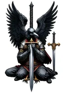 CROW ON A SWORD AND OPEN WINGS, A MEDIEVAL KNIGHT KNEELING IN PRAYER BELOW tattoo design idea