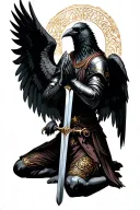 CROW ON A SWORD AND OPEN WINGS, A MEDIEVAL KNIGHT KNEELING IN PRAYER BELOW tattoo design idea