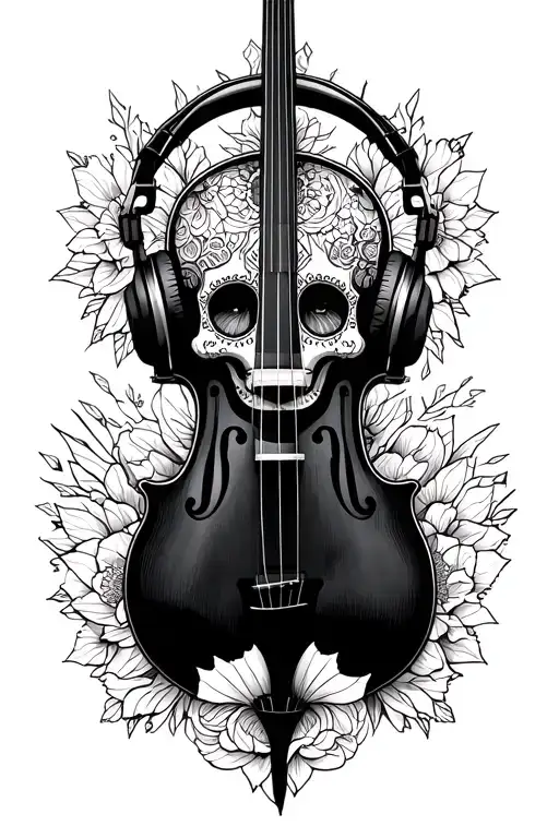 sugar skulls embedded in a cello headphones and a lady's tattoo design idea