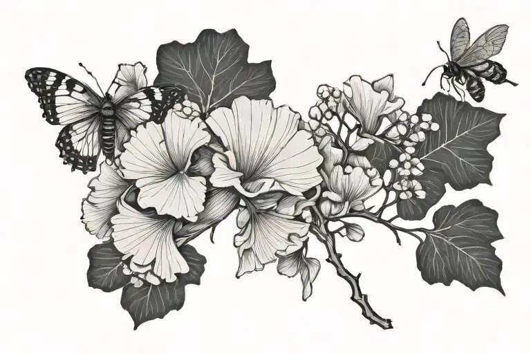 vegetal line ginko biloba with and a bee tattoo design idea