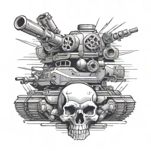 skull and army tank surrounded by bullets   tattoo design idea