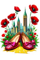 two sparkly flat red ruby shoes with bows on toe and the emerald city surrounded by poppies and yellow brick road tattoo design idea
