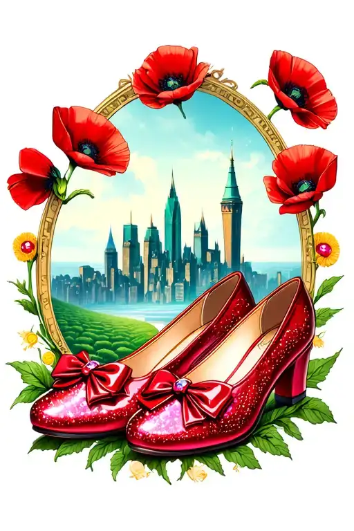 two sparkly flat red ruby shoes with bows on toe and the emerald city surrounded by poppies and yellow brick road tattoo design idea