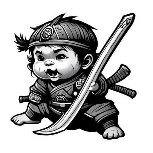 cartoon baby samurai sword tattoo design idea