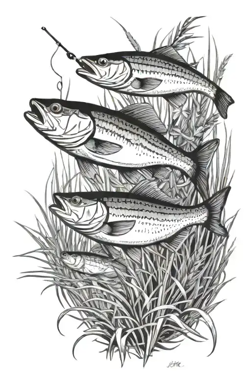 fishing scene with two fish surrounded by tall grass with heavy black  tattoo design idea
