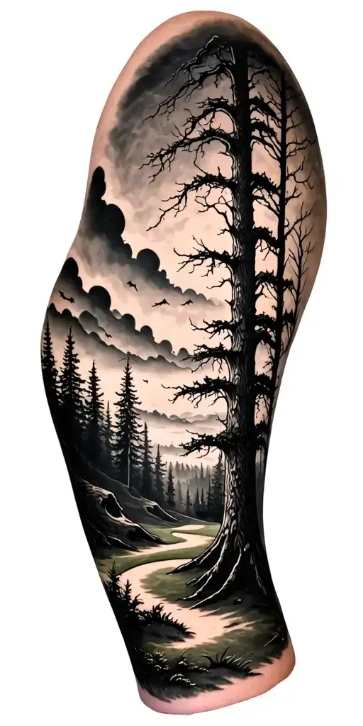 creepy forest scene with black sky golf course tattoo design idea