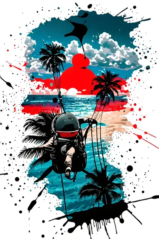 Skydiver over the coast, seaside, palms, sunset sky, clouds tattoo design idea