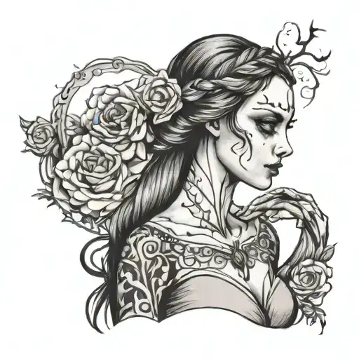 a women on her sidewith a simple braid, corpse bride vibes. with the sun all over her head tattoo design idea