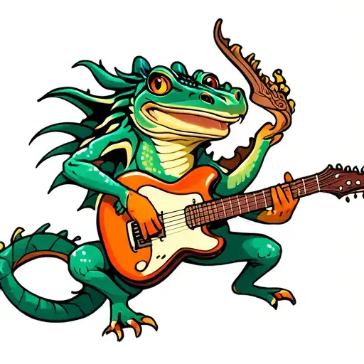 dragon and a frog playing guitar tattoo design idea