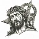  image of Jesus With bleeding with the Crown of thorn on, while crying blood as well as well as whip lashes on his face  tattoo design idea