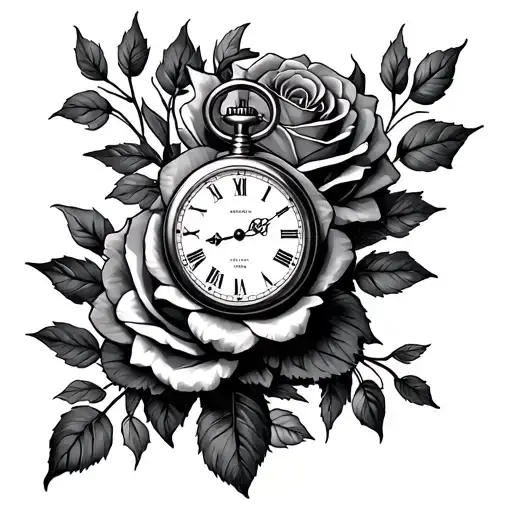 roses and pocket watch neo trad tattoo design idea