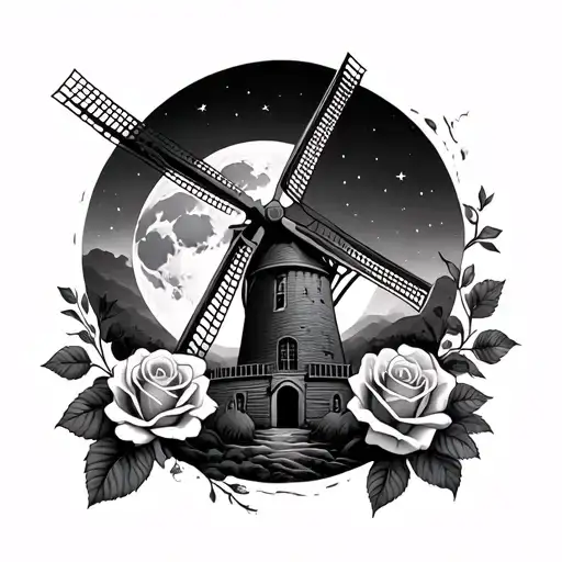 Dutch windmill and roses in the moon tattoo design idea