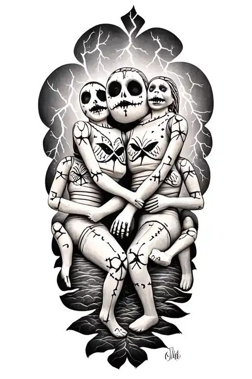 three voodoo doll sitting side by side and nature and lightning tattoo design idea