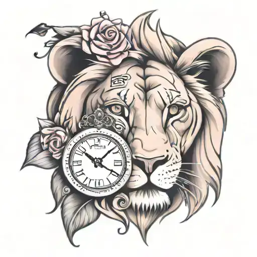 pink clock lion face woman eye tattoo design idea