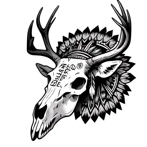 buck skull with "Anglo-Saxon Futhark" name jessee and native American elements tattoo design idea
