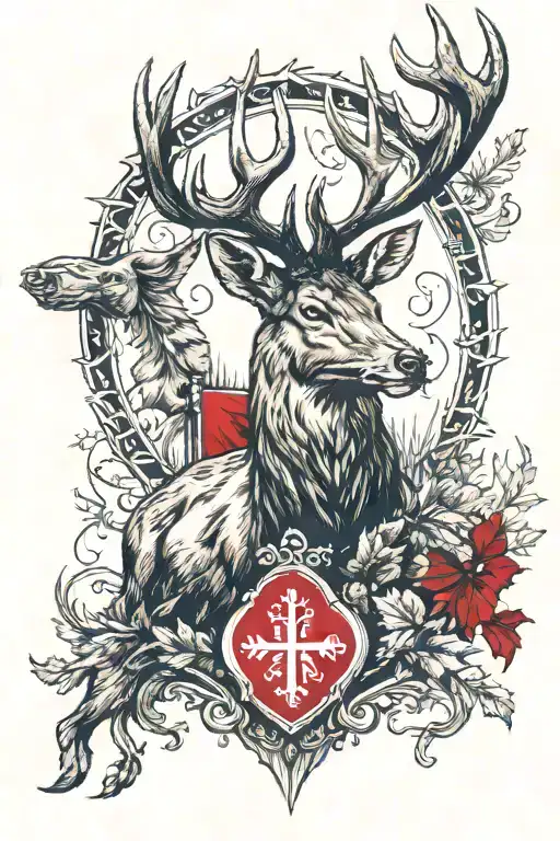 Hunting style, deer, with latvian symbolic or latvian flag (red-white-red) for forearm tattoo design idea