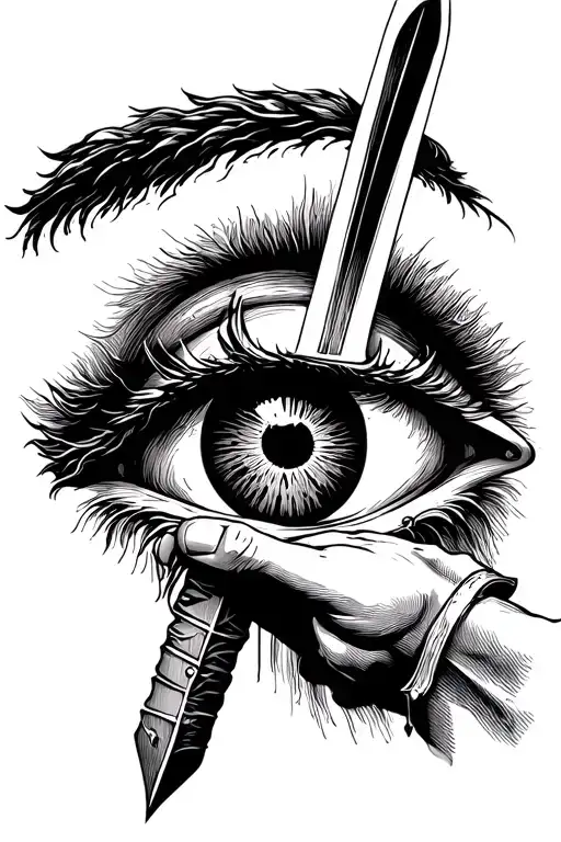 an eye getting stabbed with a sword then getting pulled out by the hand of jesus tattoo design idea