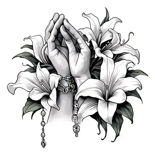prayer hands with rosary and peace lilies coming tattoo design idea