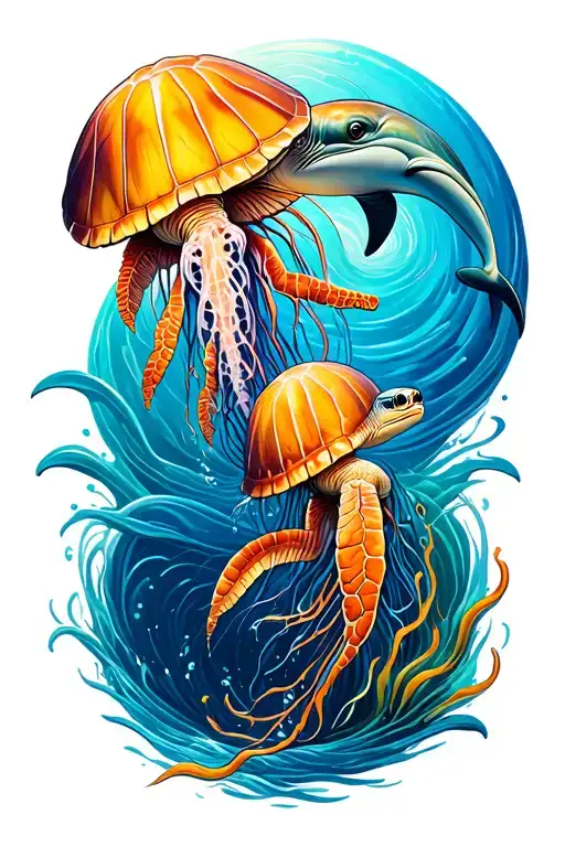 turtle jellyfish and dolphin swimming up in a spiral tattoo design idea