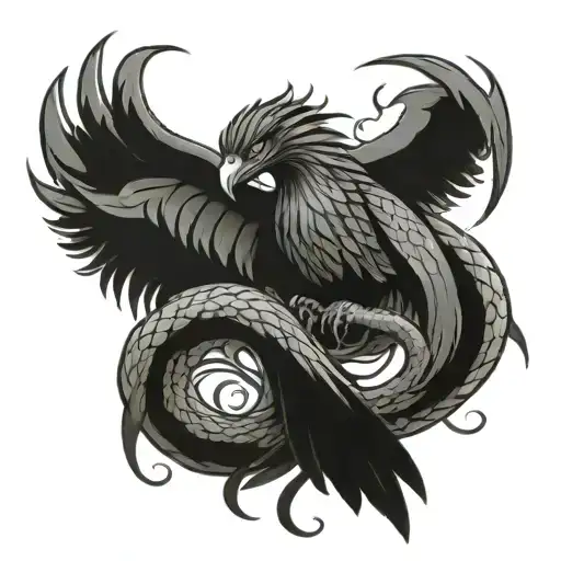 Phoenix and snake trying to bite him tattoo design idea