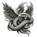 Phoenix and snake trying to bite him tattoo design idea