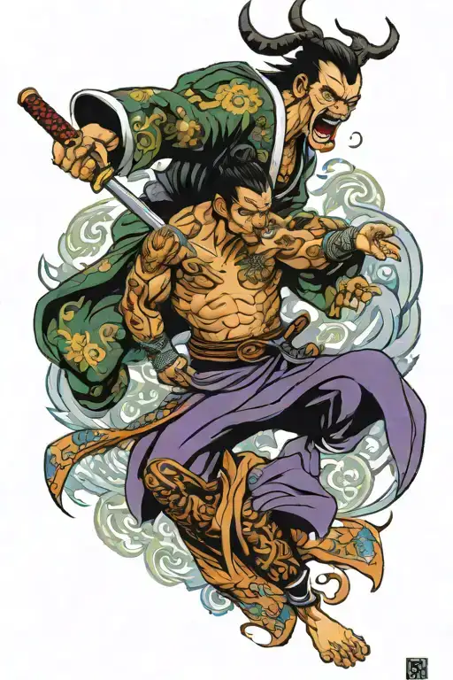 Japanese yakuza tatto style demon vs samurai warrior battling tattoo design idea