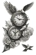 clouds surrounding clock dove flying bottom of clock and baby angel tattoo design idea