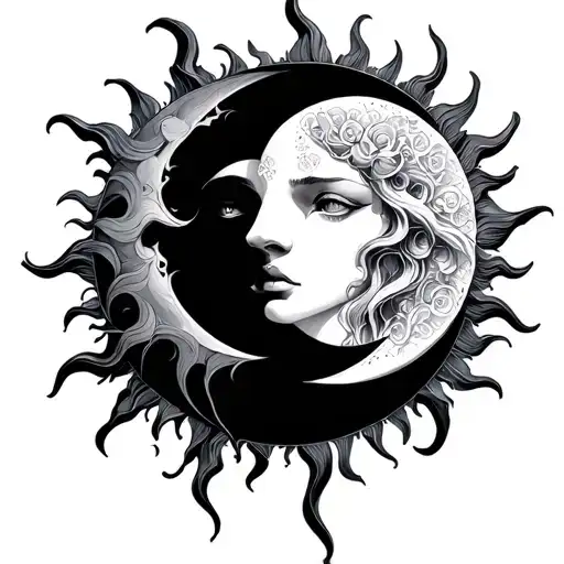 sun and moon intertwined Gothic style illustration tattoo design idea