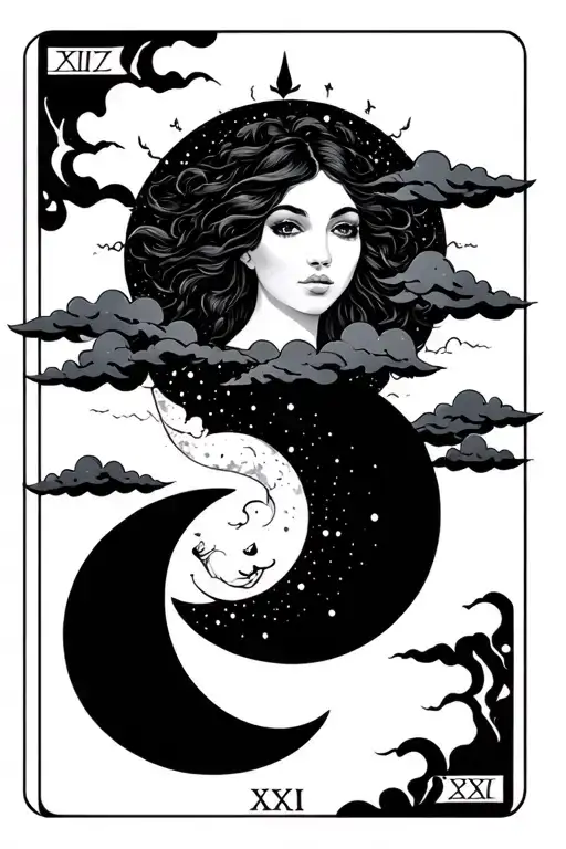 tarot card sun and moon with black woman clouds floating XI-XXI tattoo design idea