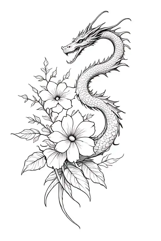 dragon flower bouquet tattoo design idea