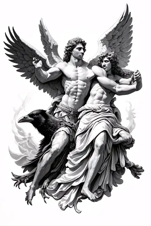 saint Micheal fighting and saint Raphael angel healing with a raven fading in  tattoo design idea