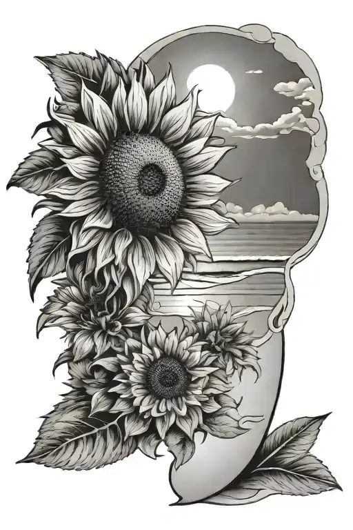 beach scene with sun overhead and a sunflower in the sand tattoo design idea