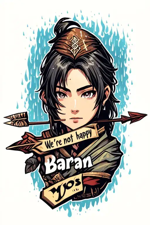 "We're not happy. Baran is yos." Bow war arrow and English text with rain head in one line tattoo design idea