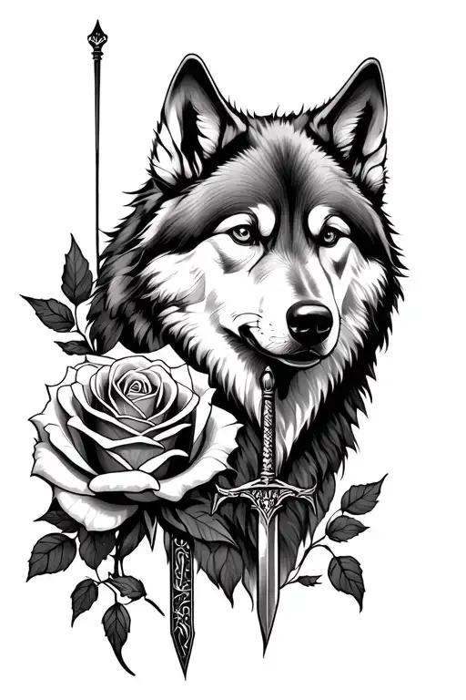 Rose, wolf pup, river, and sword tattoo design idea