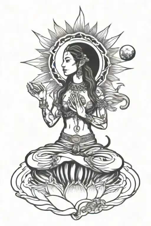 beautiful pachamama holding earth, sitting on lotus with mountain sun & moon background tattoo design idea