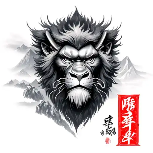 sun wukong, fu lions, chinese mountain chest to half sleeve tattoo design idea